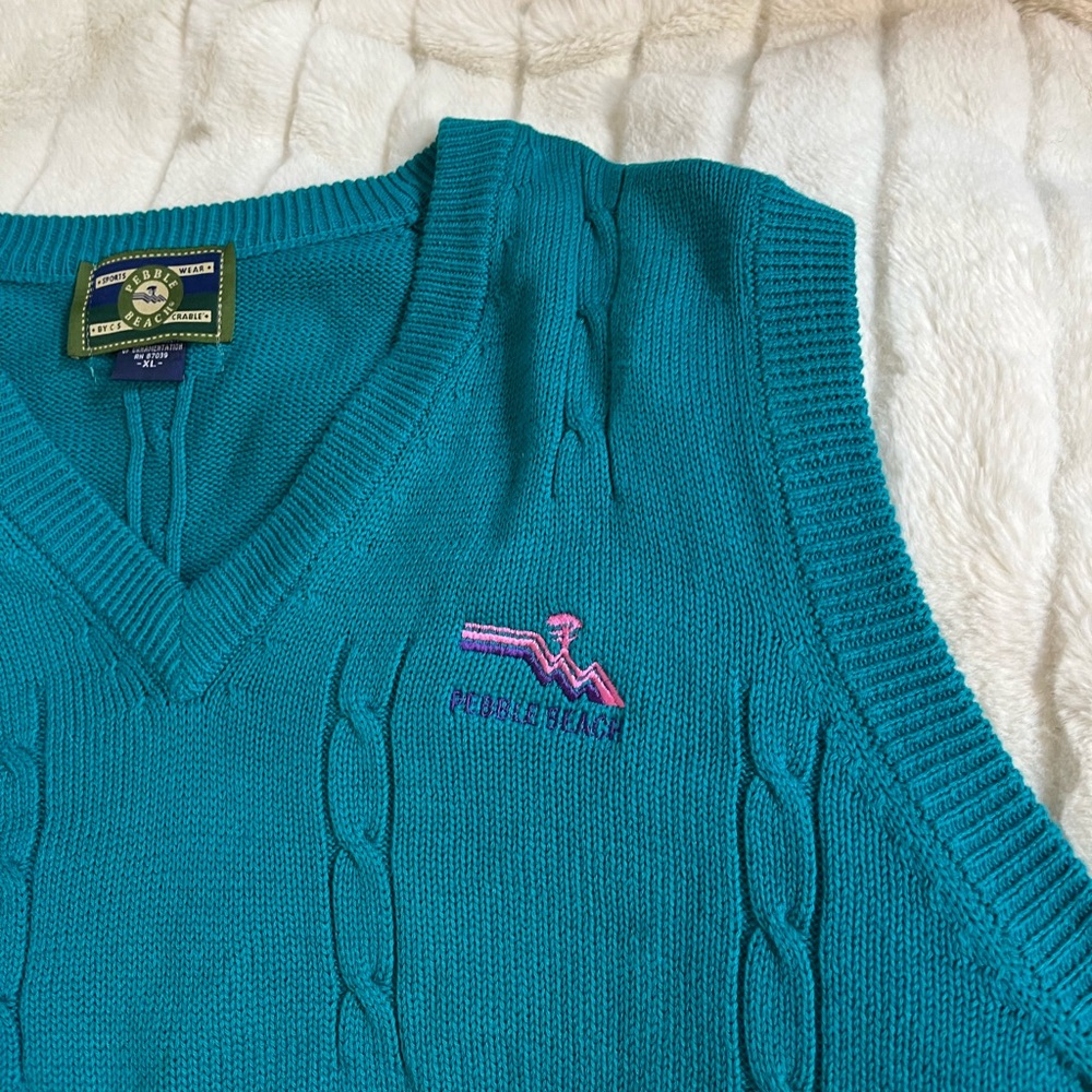 VTG Pebble Beach Women’s XL Teal Embroider Logo Cable Knit Sweater Vest Preppy
